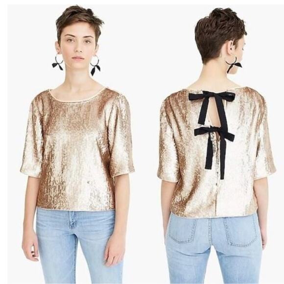 NWT J Crew Rose Gold Sequin Tie Back Top Sz 8 Holiday Party Preppy Elbow Sleeve - Picture 1 of 8